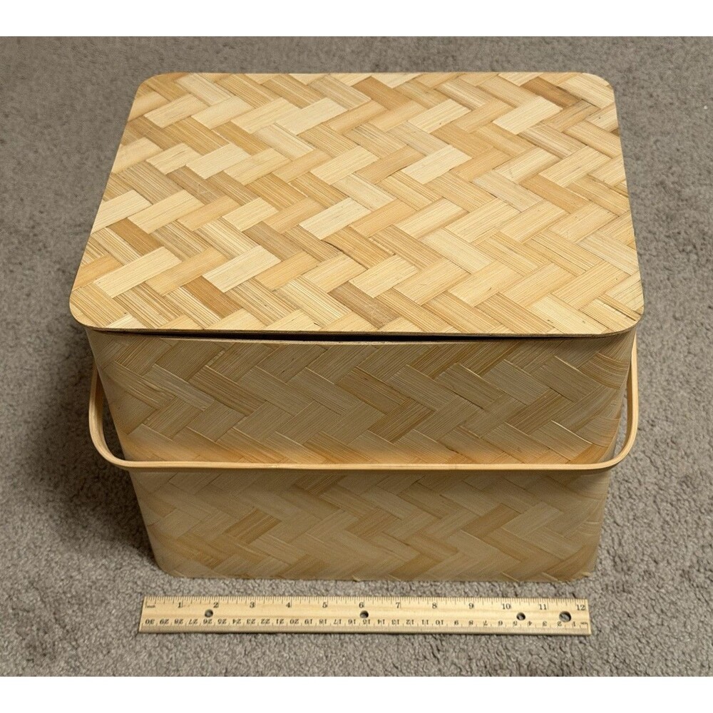 SOLUPPGÅNG Picnic Basket w/ Lid, Fabric Liner, Carry Handle, Beige 12x12x8
